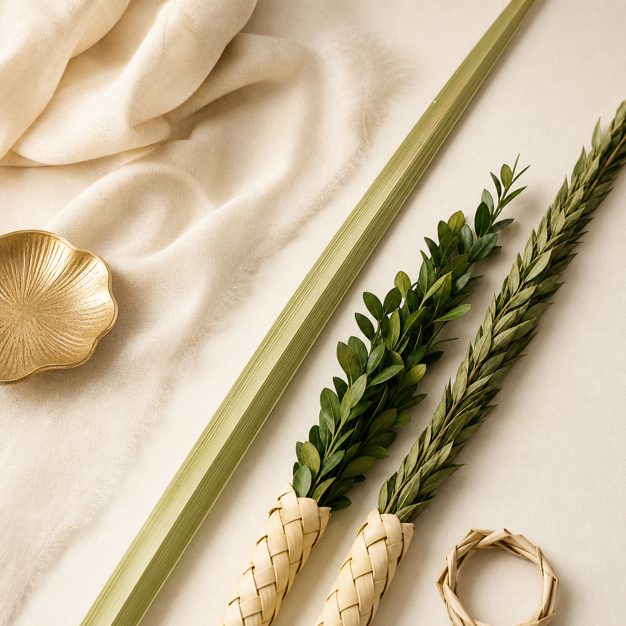 Lulav, hadassim, aravos, and rings arranged on warm ivory fabric